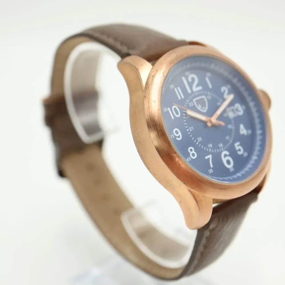 Picard & Cie Mens Blue Date 44mm Watch Rose Gold Tone Faux Leather w New Battery